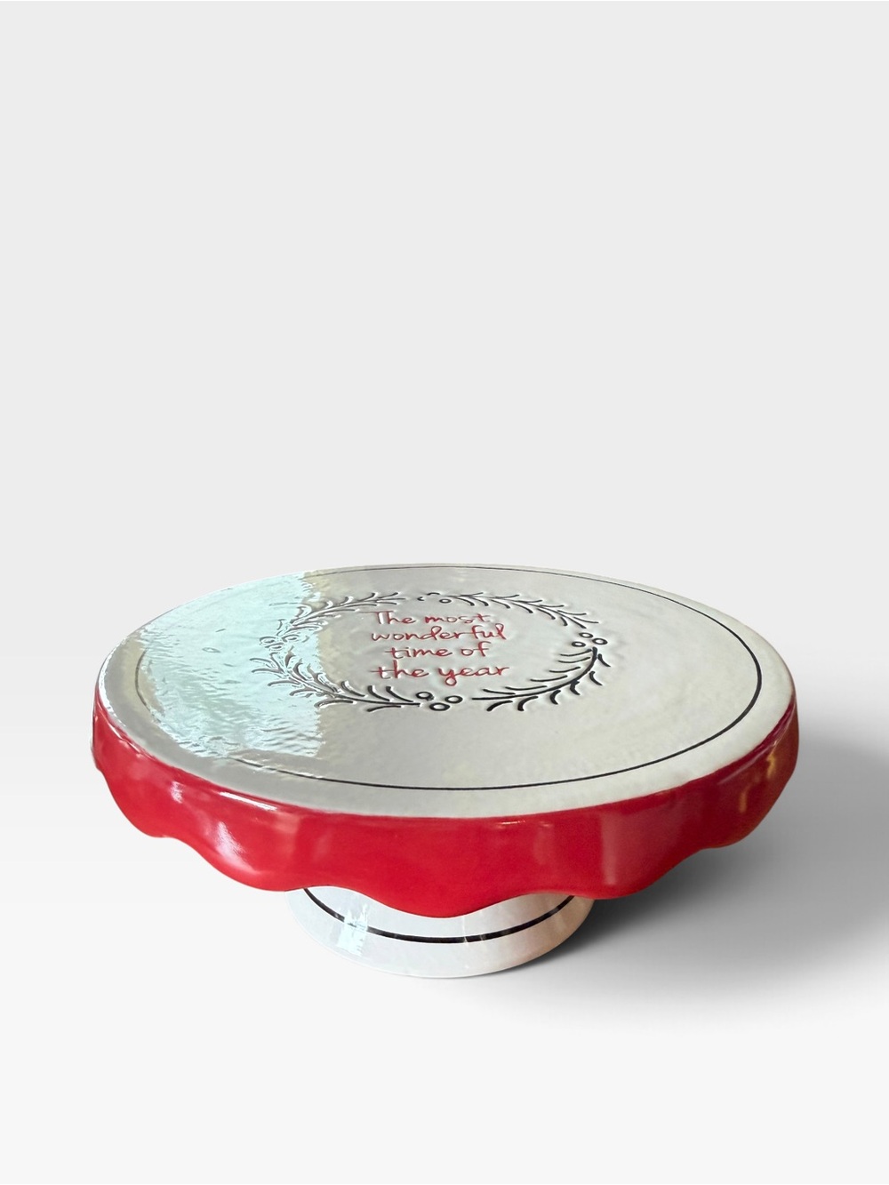 Christmas Scalloped Red Ceramic dessert cookie plate Pedestal Riser